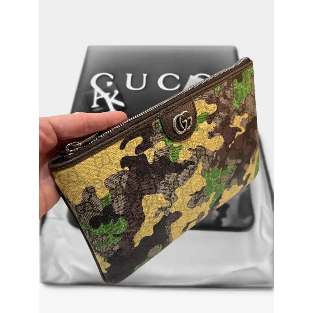 Gucci GG Monogram Camouflage Pouch Green Yellow Brown Double G Clutch NIB
